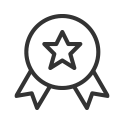 Symbol eines Medaillons mit Stern und zwei dekorativen Bändern in Schwarz auf transparentem Hintergrund.